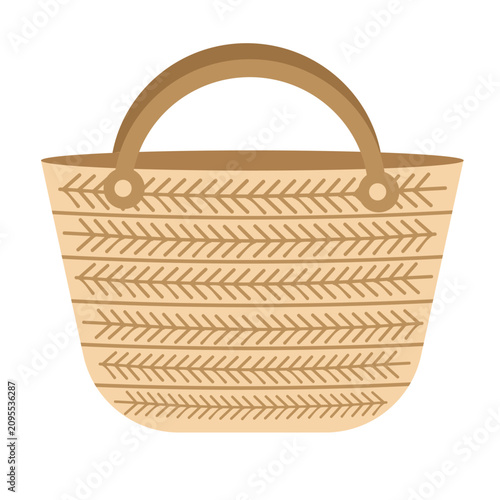 Woven straw basket bag vector illustration. Flat cartoon wicker picnic handbag, summer beach fashion tote purse isolated design element