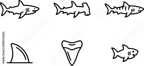 Fotografie Shark Species and Marine Predator Line Icon Set with Great White, Hammerhead, Ti