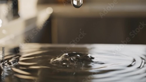 Close up of water dripping from a modern faucet into a pool creating splashes and ripples