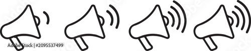 Foto Progressive set of line art megaphone icons with varying sound wave emanations f