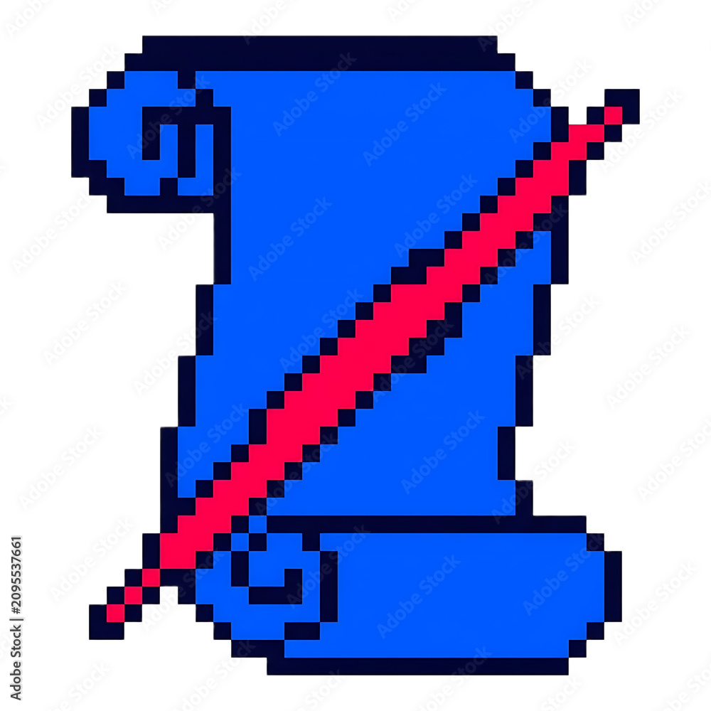 Obraz premium Pixel Art Illustration of a Vibrant Blue Paper Scroll with a Striking Red Quill Pen Symbol for Digital Documentation