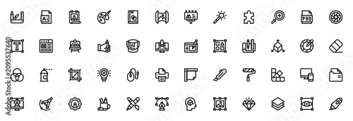 Graphic Design icon set. Minimal vector icons pack. Includes symbols for Swiss army knife, illustration, poster, paint, book, mapping, billboard, magic tool and more.