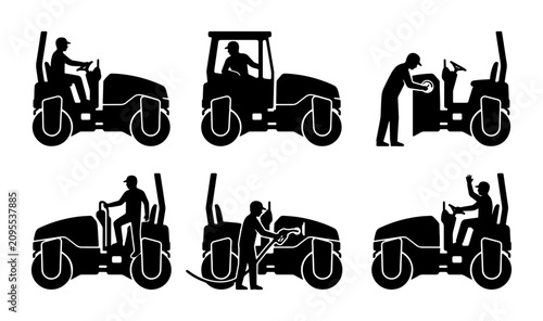 Photos Road Roller Icons Set, Construction Vehicle Silhouettes, Heavy Machinery Graphic