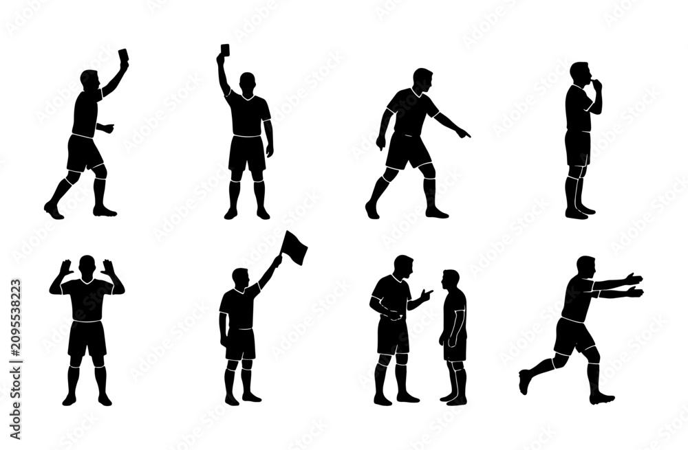 Obraz premium Soccer Referee Silhouettes, Football Official Actions, Sports Game Signals, Refereeing Gestures, 8 Vector Icons Set