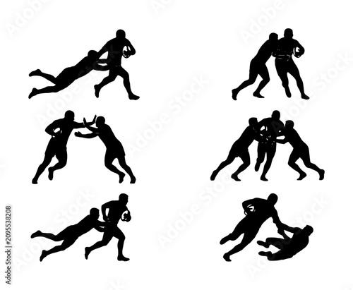Bild auf Leinwand Rugby Action Silhouettes, Dynamic Sports Illustrations, Rugby Players Tackling a