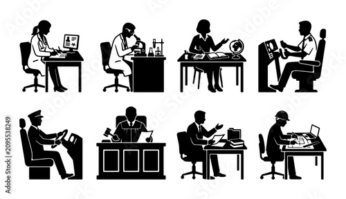 Bild auf Leinwand Diverse Professions Set: Silhouette Icons of Business, Science, Law, and Transpo