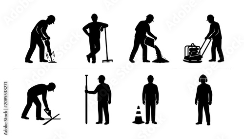 Canvas Print Construction Worker Silhouettes, Roadwork and Building Icons, Manual Labor and H