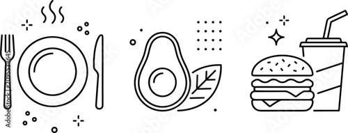 Canvastavla Food and dining vector line art icon set featuring hot plate with fork knife avocado burger and drink