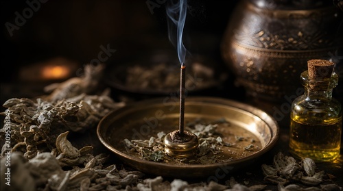 Burning incense stick with rising smoke on a brass tray, wellness concept with essential oil and dried herbs
