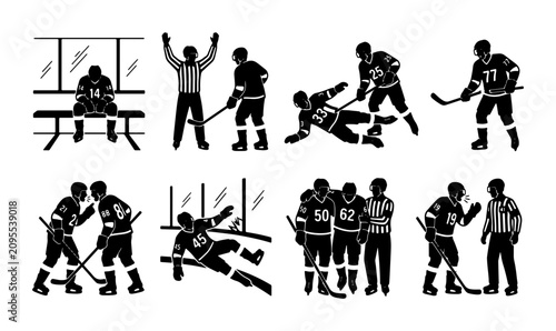 Photos Ice Hockey Action Silhouettes: Player Fouls, Referee Calls, and Game Moments Vec