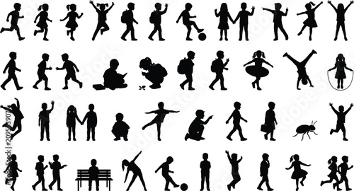 Foto Children Silhouette Vector Bundle with Kids Playing Walking Jumping and Activity