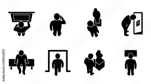 Schilderij op canvas Museum Visitor Icons, Art Gallery People Silhouettes, Top View Figures Observing