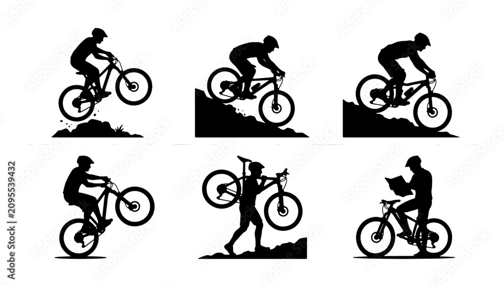 Obraz premium Mountain Biking Silhouettes: Action Poses, Rider Carrying Bike, and Trail Riding Vector Icons Set, Black and White Graphic Elements for Extreme Sports and Adventure Design