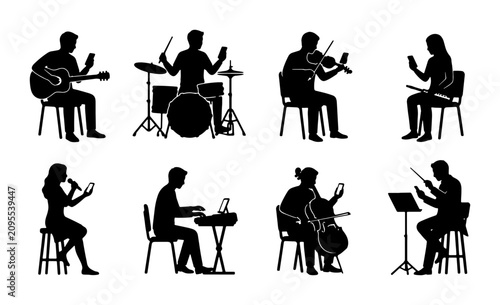 Obraz na płótnie Musician Silhouettes Collection: Guitarist, Drummer, Violinist, Singer, Keyboard