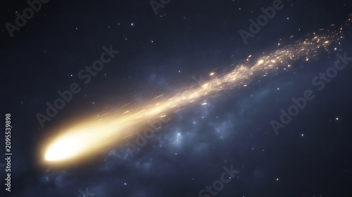 Bright comet streaking across the night sky in deep space astronomy scene