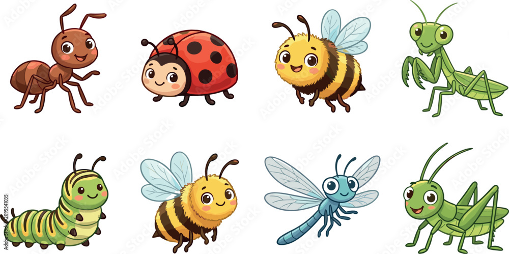 Obraz premium Cute cartoon vector illustration set of friendly garden insects including ant ladybug bee praying mantis caterpillar dragonfly and grasshopper isolated on white background