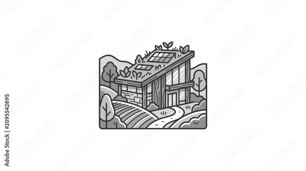 Obraz premium Creative Isometric Sketch of Modern Eco Friendly House with Solar Panels and Green Roof in Minimalist Style