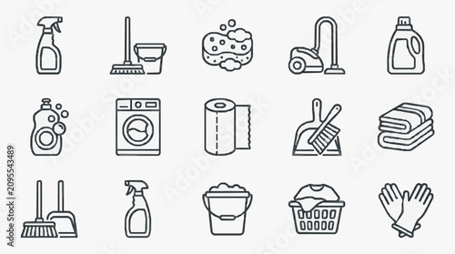 Industrial Style Line Icons Set of Cleaning Tools and Household Chores in Monochrome Black and White Design