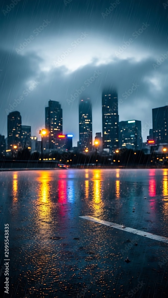 Obraz premium Rainy Cityscape Reflections at Night.