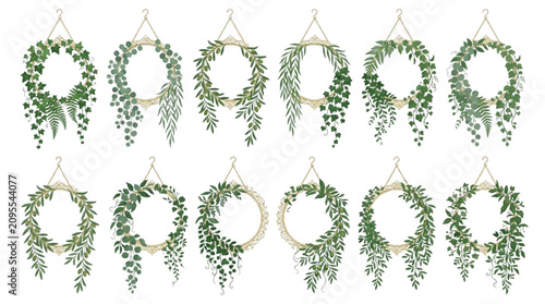 Elegant hanging green leaf wreath and frame border vector set