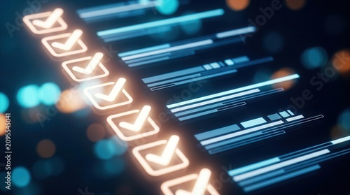 Digitized checklist with glowing check marks representing task completion and progress.