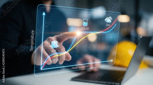 Engineer pointing at a digital graph explaining the thermodynamics concept of latent heat and phase changes.