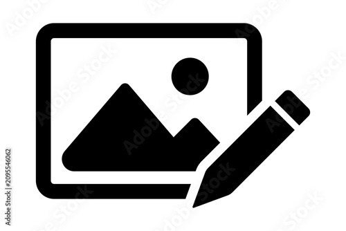 Black Photo Gallery Edit Icon with Landscape Frame and Pencil Graphic isolated on transparent background image album library draft