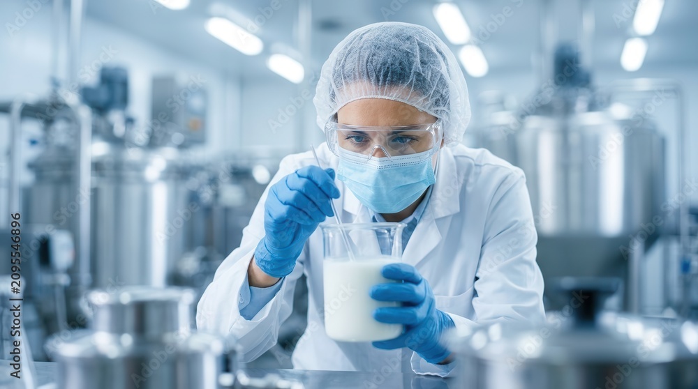 Fototapeta premium A professional food scientist testing dairy product quality using sterile equipment in a laboratory.