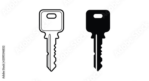 Two keys one outlined and one solid against a white background silhouette