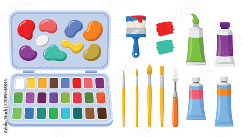 Artist paint tools and supplies vector set. Watercolor palette box, brushes, paint tubes, and palette knife isolated illustration.