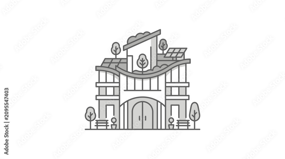 Fototapeta premium Dynamic Line Drawing of Eco Friendly Urban Building with Green Roof Solar Panels and Greenery with high quality professional line art symbols for modern creative design and digital branding projects