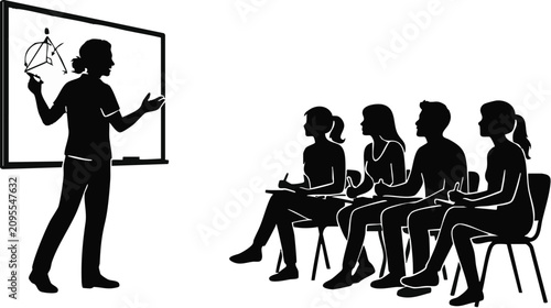 Instructor stands at a whiteboard to teach a group of attentive students who sit in chairs and take notes during an educational classroom lecture.