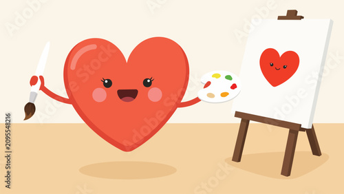 Bild auf Leinwand Cute kawaii heart artist character painting on easel