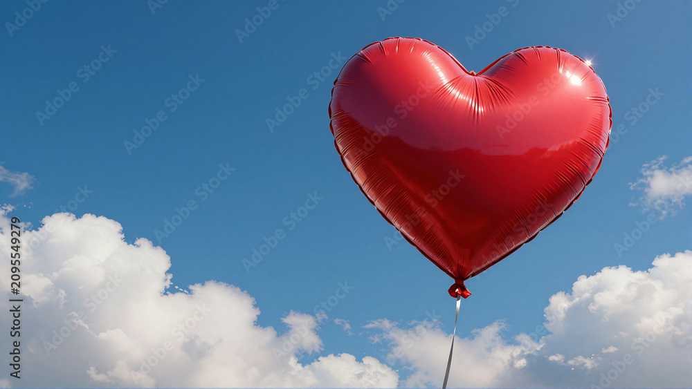 Fototapeta premium Red Heart Shaped Balloon Floating Against a Bright Blue Summer Sky