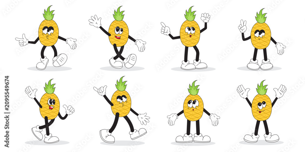 Obraz premium Cute pineapple cartoon character set showing various friendly poses and gestures.