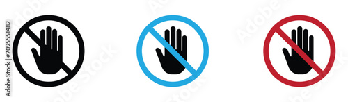 Set of three prohibition signs with hand icon. Stop hand sign icon set, prohibition gesture and no entry symbols for warning, restriction, safety communication and vector illustration design.