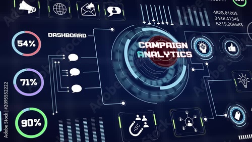 Business data evaluation screen tracking campaign analytics indicators including revenue progress and digital finance graphics