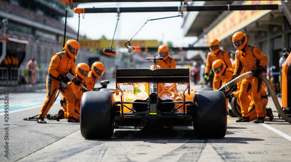 Fototapeta premium Professional pit crew in orange uniforms preparing for a pitstop during a race car pit lane arrival.