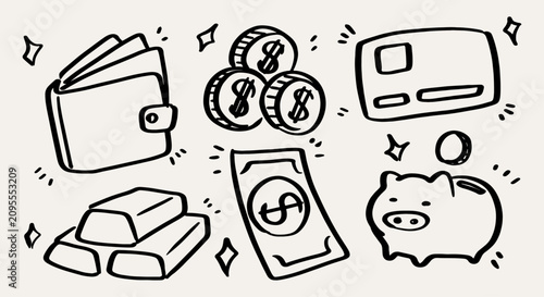 Hand Drawn Business and Finance Doodle Vector Elements Set. Financial Icons of Piggy Bank, Wallet, Credit Card, Gold, Coins, and Banknotes. Isolated Outline Graphic Illustration