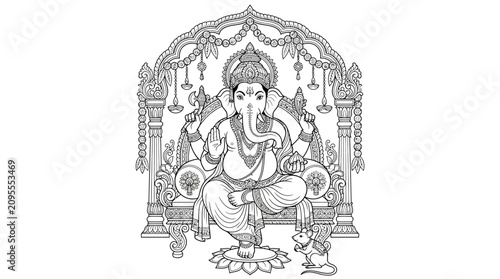 Ganesh Chaturthi Traditional Hand Drawn Illustration of Lord Ganesha on a Decorative Throne