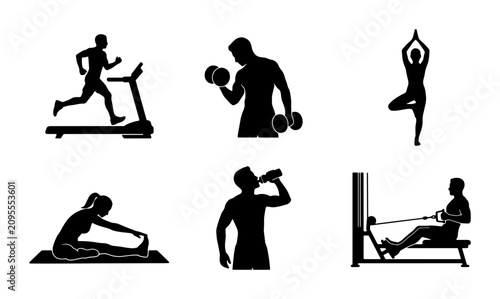 Fitness Silhouette Icons Set: Running, Weightlifting, Yoga, Stretching, Hydration, and Rowing for Health and Wellness