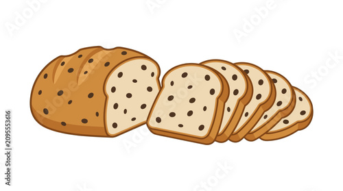 Vector illustration of a sliced loaf of fresh raisin bread isolated on white