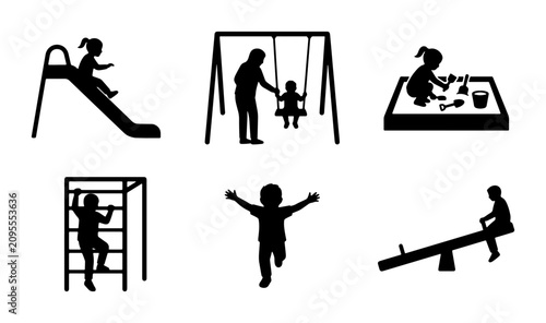 Photography Children's Playground Silhouettes: Kids Playing on Slide, Swings, Sandbox, Monkey Bars, Running, and Seesaw