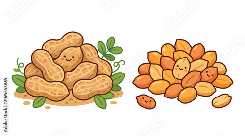 Cute Kawaii Peanut Cartoon Illustration of Whole Peanuts in Shell and Shelled Kernels
