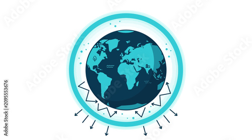 Earth with protective ozone layer shield reflecting solar radiation illustration