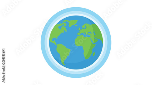 A stylized illustration of planet Earth with continents and oceans surrounded by concentric blue rings, representing global connectivity or environmental awareness