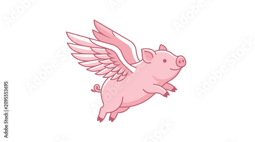 Whimsical cartoon illustration of a happy pink pig with majestic wings gracefully soaring through the sky, embodying dreams and the spirit of achieving the impossible
