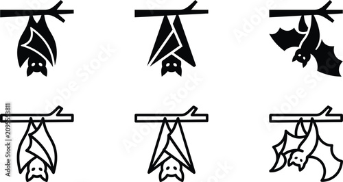 bats hanging from tree icons in black and white featuring bat, icon, silhouette