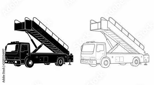 Airport passenger boarding stair truck in silhouette and line art