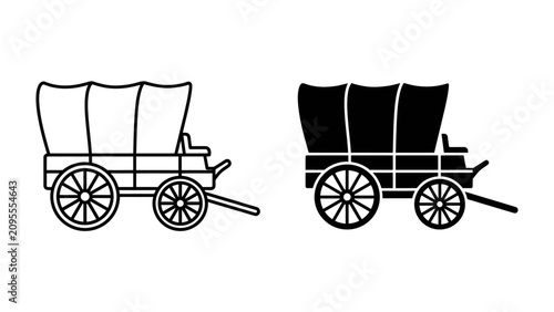 Bild auf Leinwand Covered Wagon Illustration: A classic covered wagon is depicted in both line art and silhouette, representing historical transport and travel